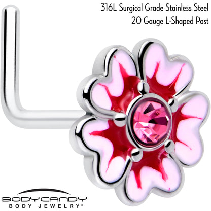 20G 5/16 Pink CZ Gem Dainty Pink Flower L Shape Nose Ring