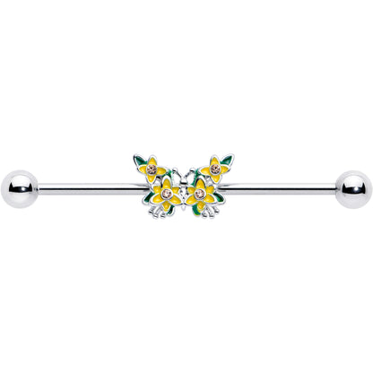 14G Yellow CZ Gem Blooming Butterfly Industrial Barbell 38mm