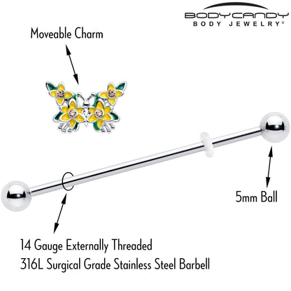14G Yellow CZ Gem Blooming Butterfly Industrial Barbell 38mm