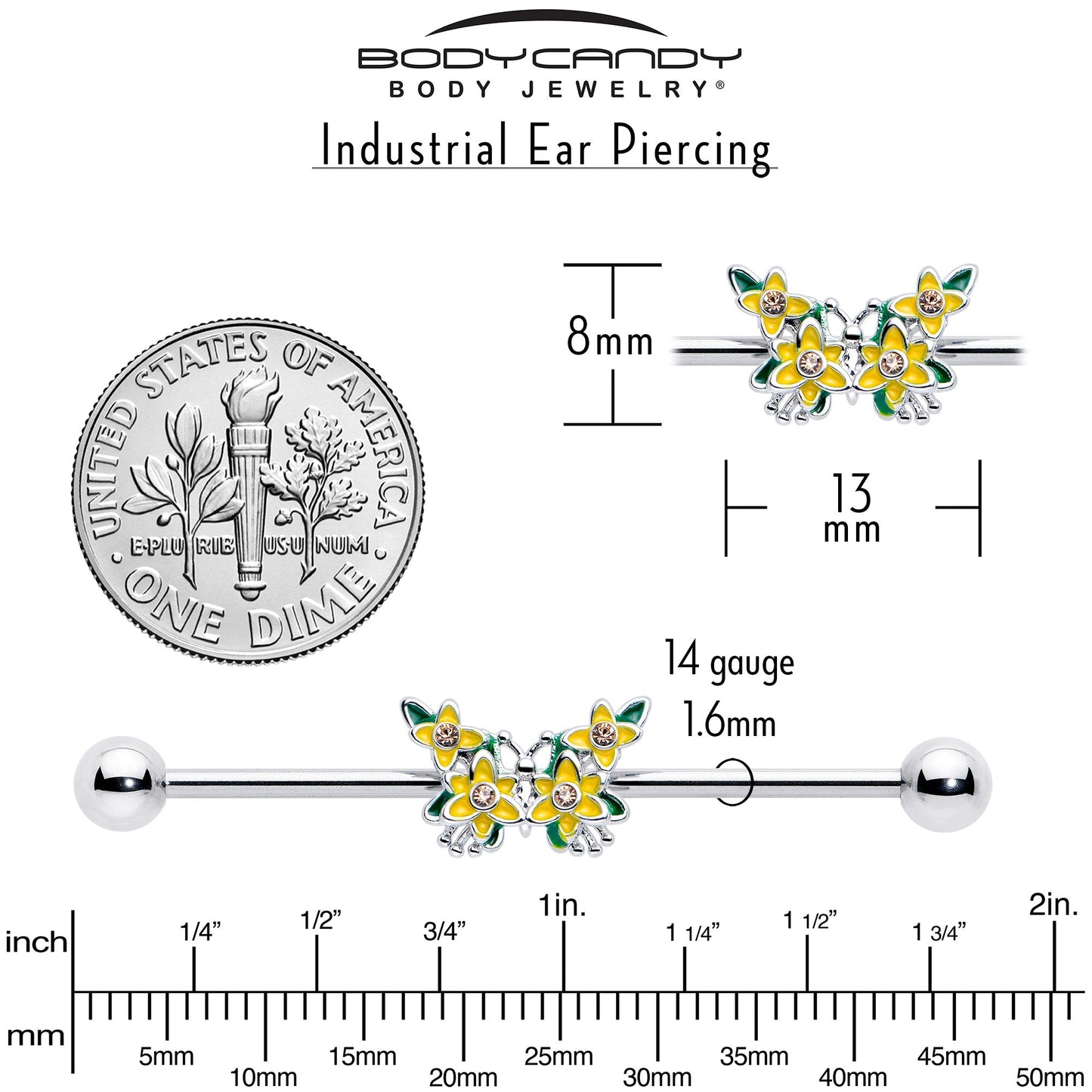 14G Yellow CZ Gem Blooming Butterfly Industrial Barbell 38mm