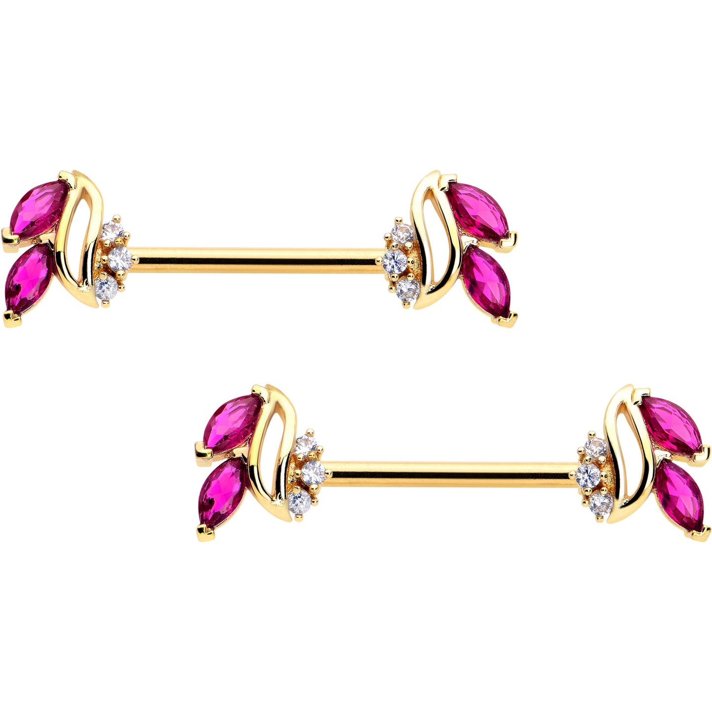 14G 9/16 Red CZ Gem Gold Tone Swirl Fan Barbell Nipple Ring Set