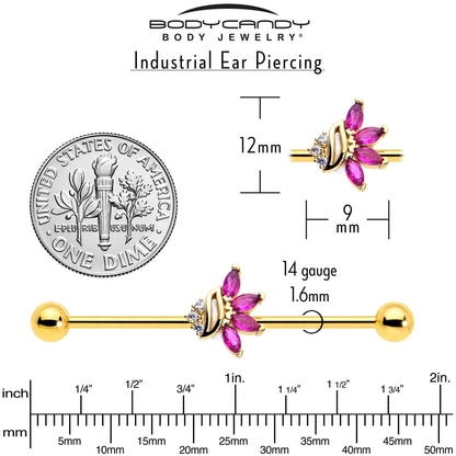 14G Red CZ Gem Gold Tone Swirl Fan Industrial Barbell 38mm