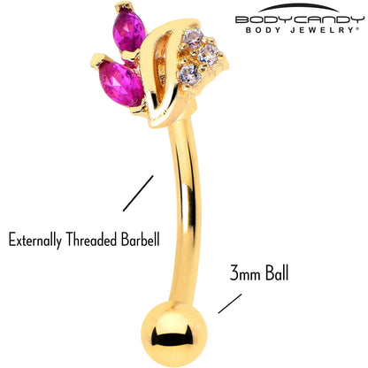 16G 5/16 Red CZ Gem Gold Tone Swirl Fan Curved Eyebrow Ring