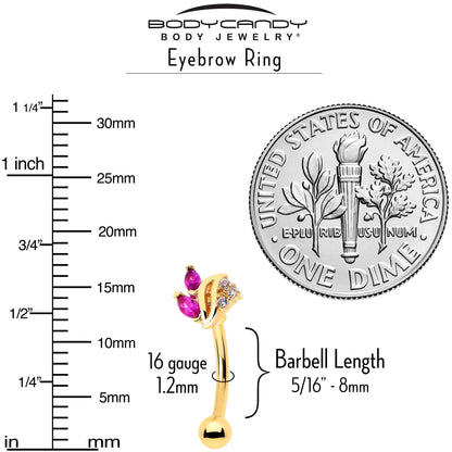 16G 5/16 Red CZ Gem Gold Tone Swirl Fan Curved Eyebrow Ring