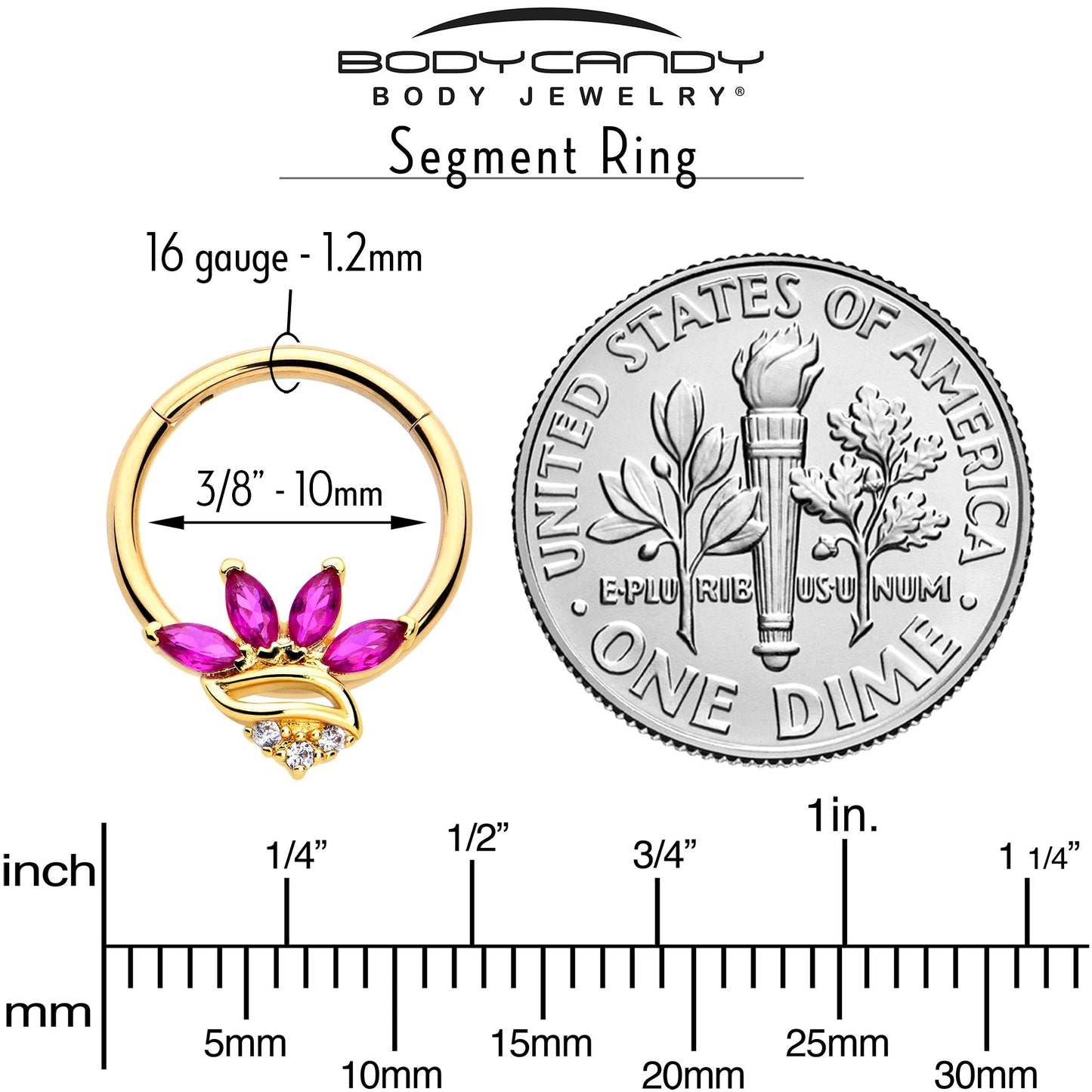 16G 3/8 Red CZ Gem Gold Tone Swirl Fan Hinged Segment Ring