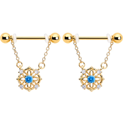 14G 9/16 Blue CZ Gem Gold Tone Flower Ring Dangle Nipple Ring Set