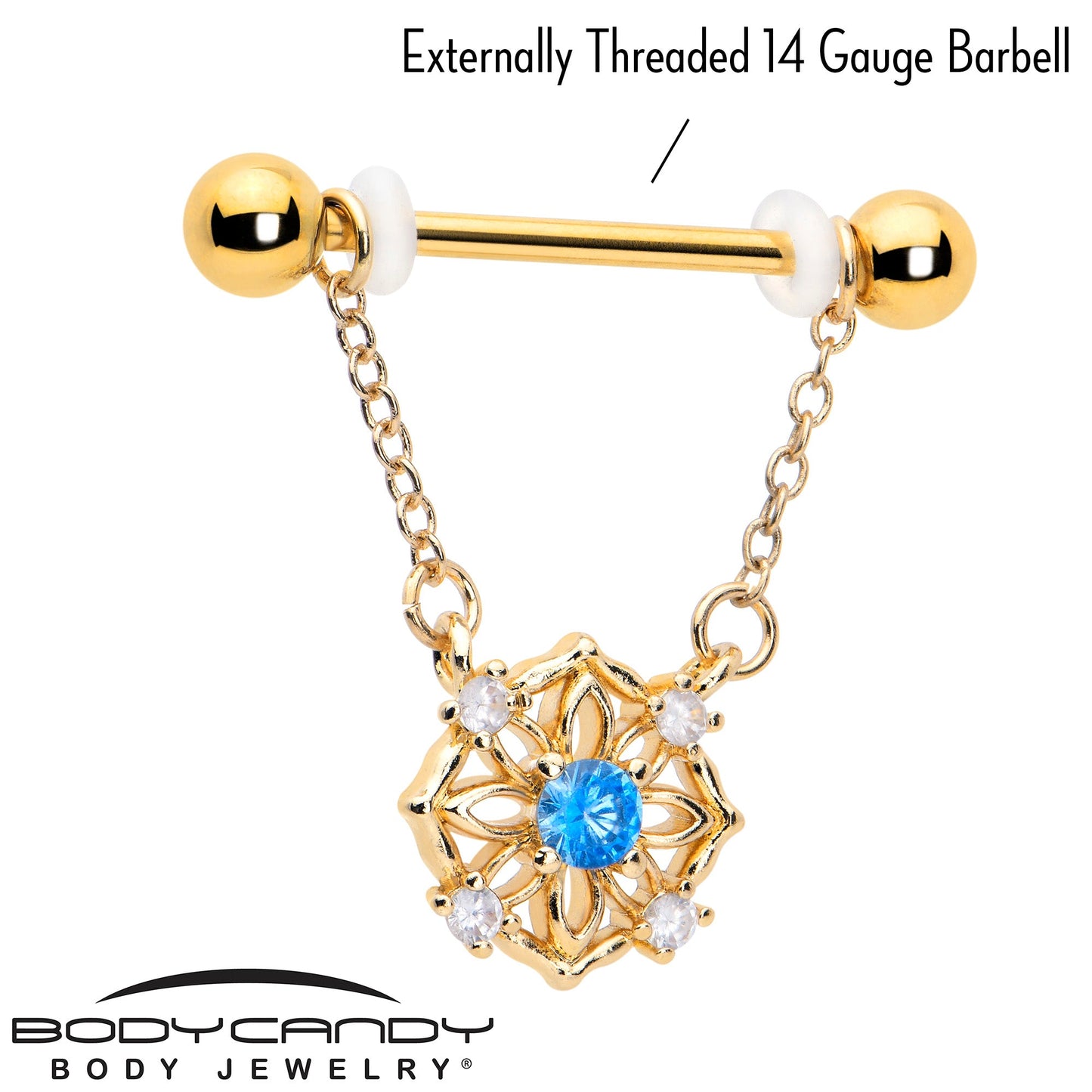 14G 9/16 Blue CZ Gem Gold Tone Flower Ring Dangle Nipple Ring Set