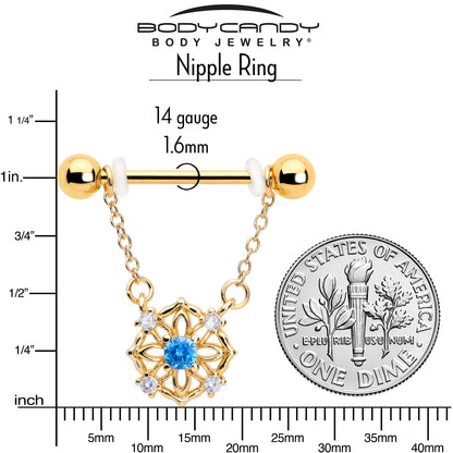 14G 9/16 Blue CZ Gem Gold Tone Flower Ring Dangle Nipple Ring Set