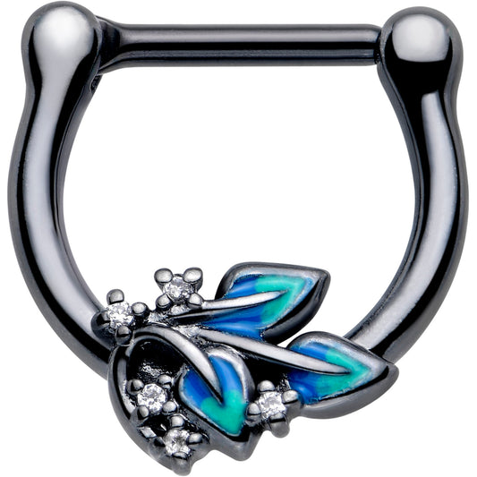 16G 5/16 Clear CZ Gem Black Lush Leaves Cartilage Clicker