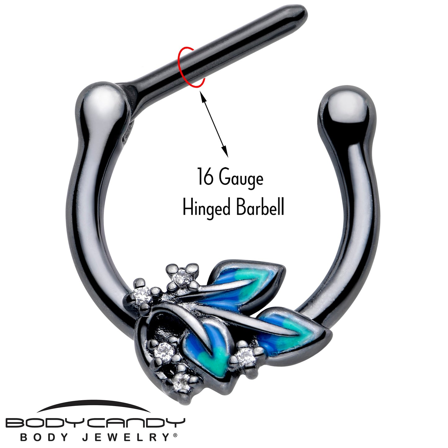 16G 5/16 Clear CZ Gem Black Lush Leaves Cartilage Clicker