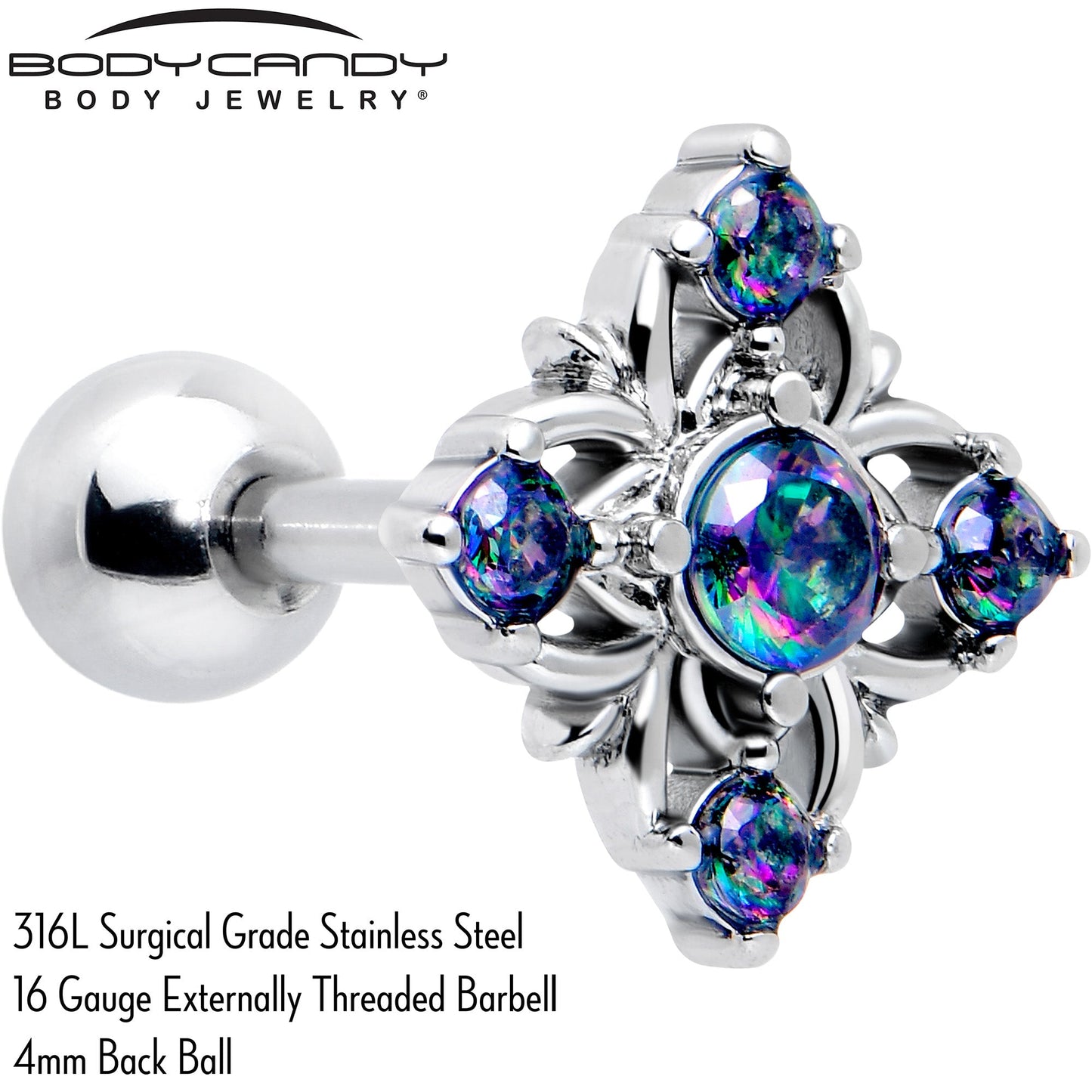 16G 1/4 Vitrail CZ Gem Beauty Cross Cartilage Tragus Earring