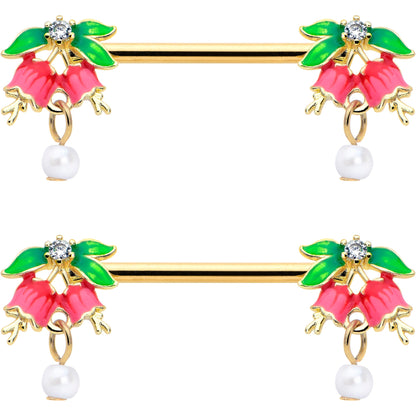 14G 9/16 Clear CZ Gem Gold Hue Bell Flower Barbell Nipple Ring Set