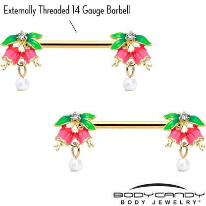 14G 9/16 Clear CZ Gem Gold Hue Bell Flower Barbell Nipple Ring Set
