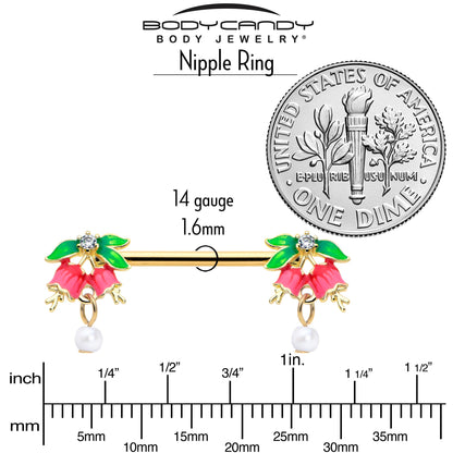 14G 9/16 Clear CZ Gem Gold Hue Bell Flower Barbell Nipple Ring Set