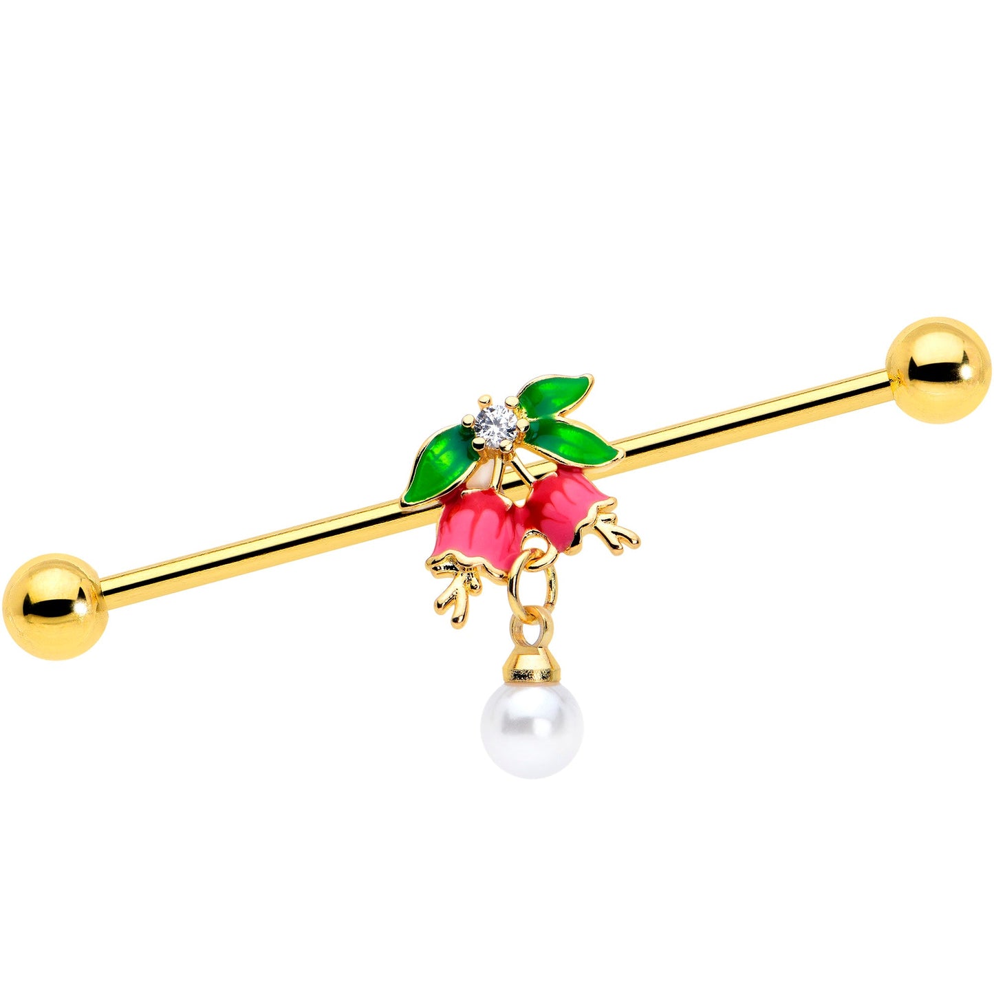 14G Clear CZ Gem Gold Tone Bell Flower Industrial Barbell 38mm