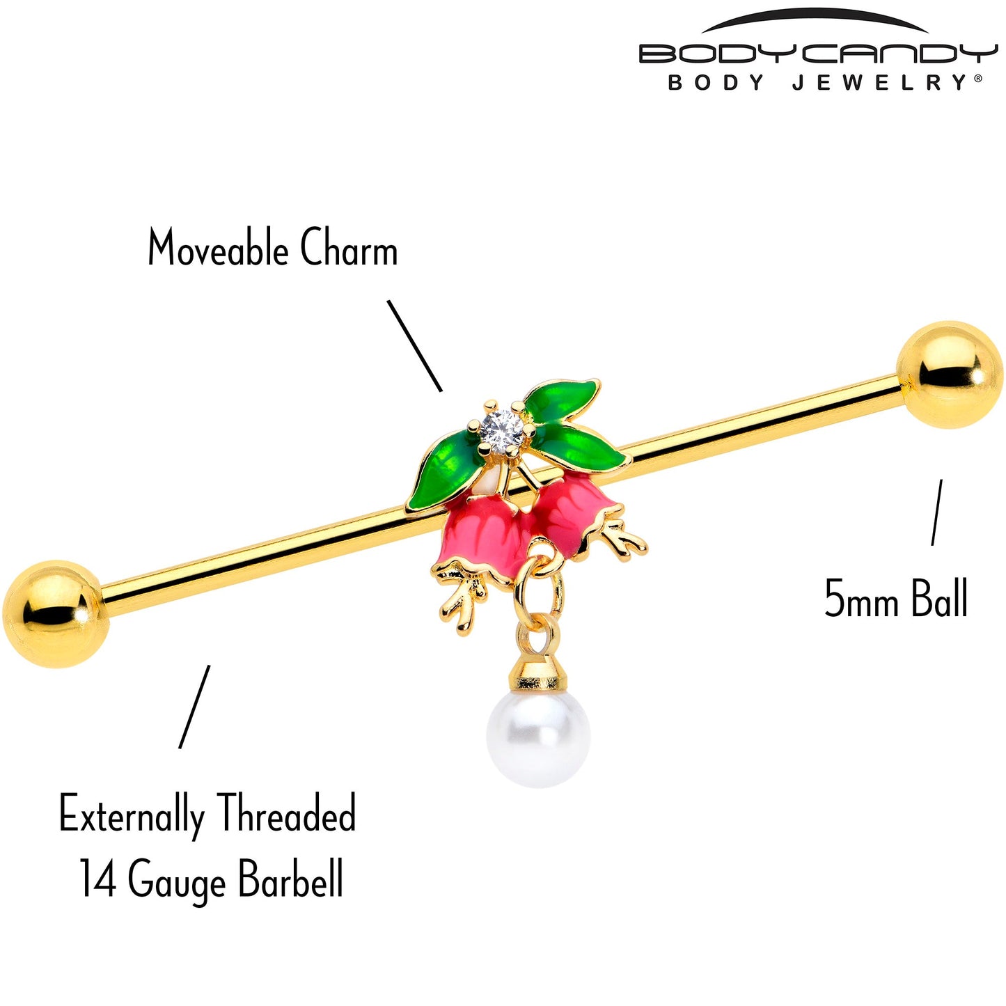 14G Clear CZ Gem Gold Tone Bell Flower Industrial Barbell 38mm