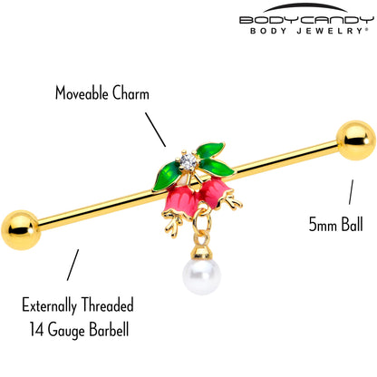 14G Clear CZ Gem Gold Tone Bell Flower Industrial Barbell 38mm