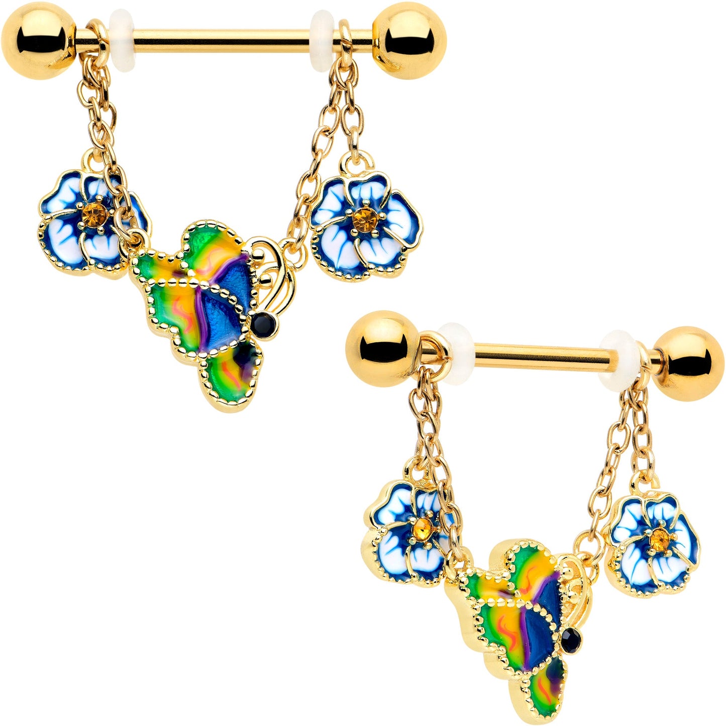 14G 9/16 Yellow Gem Gold Tone Butterfly Colors Dangle Nipple Ring Set