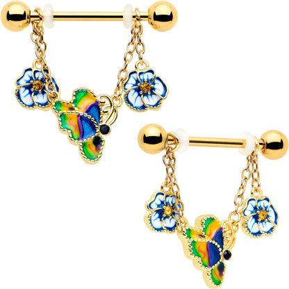 14G 9/16 Yellow Gem Gold Tone Butterfly Colors Dangle Nipple Ring Set