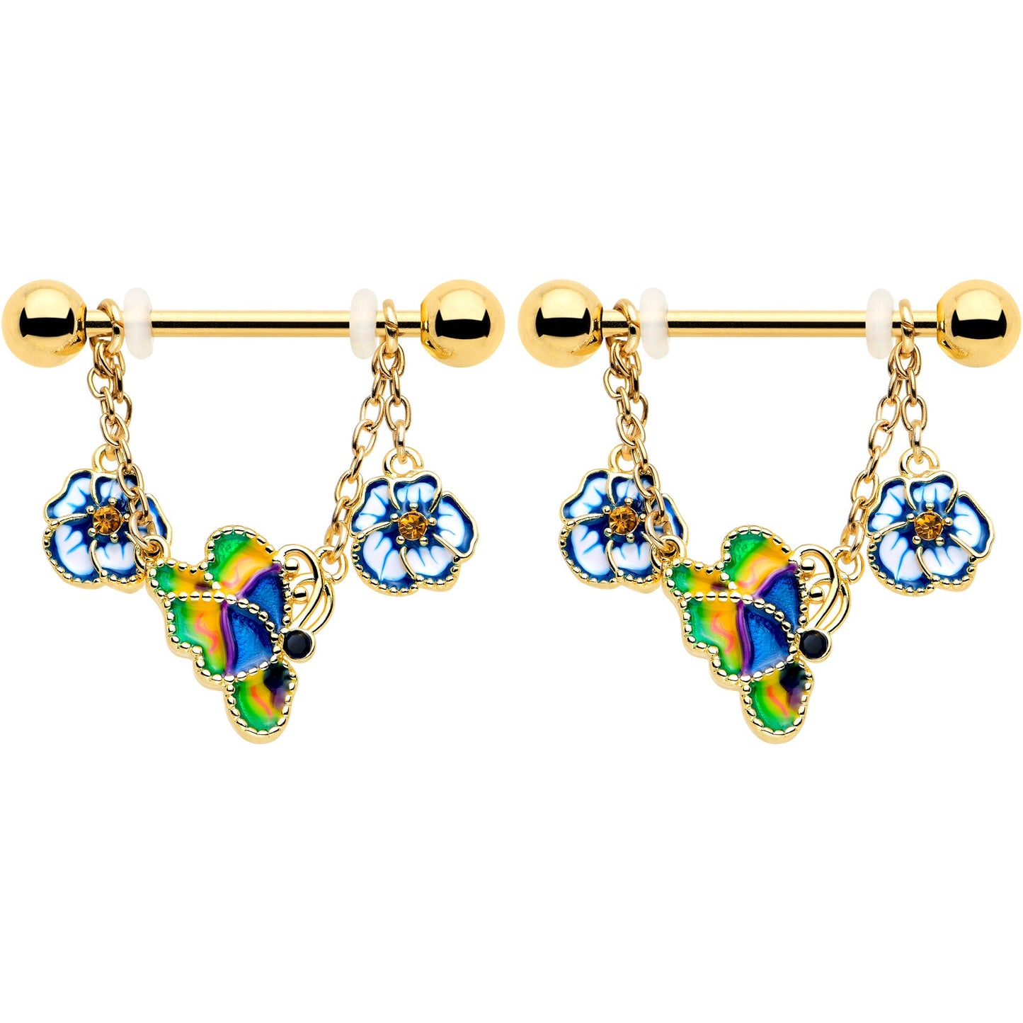 14G 9/16 Yellow Gem Gold Tone Butterfly Colors Dangle Nipple Ring Set