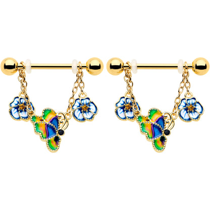 14G 9/16 Yellow Gem Gold Tone Butterfly Colors Dangle Nipple Ring Set