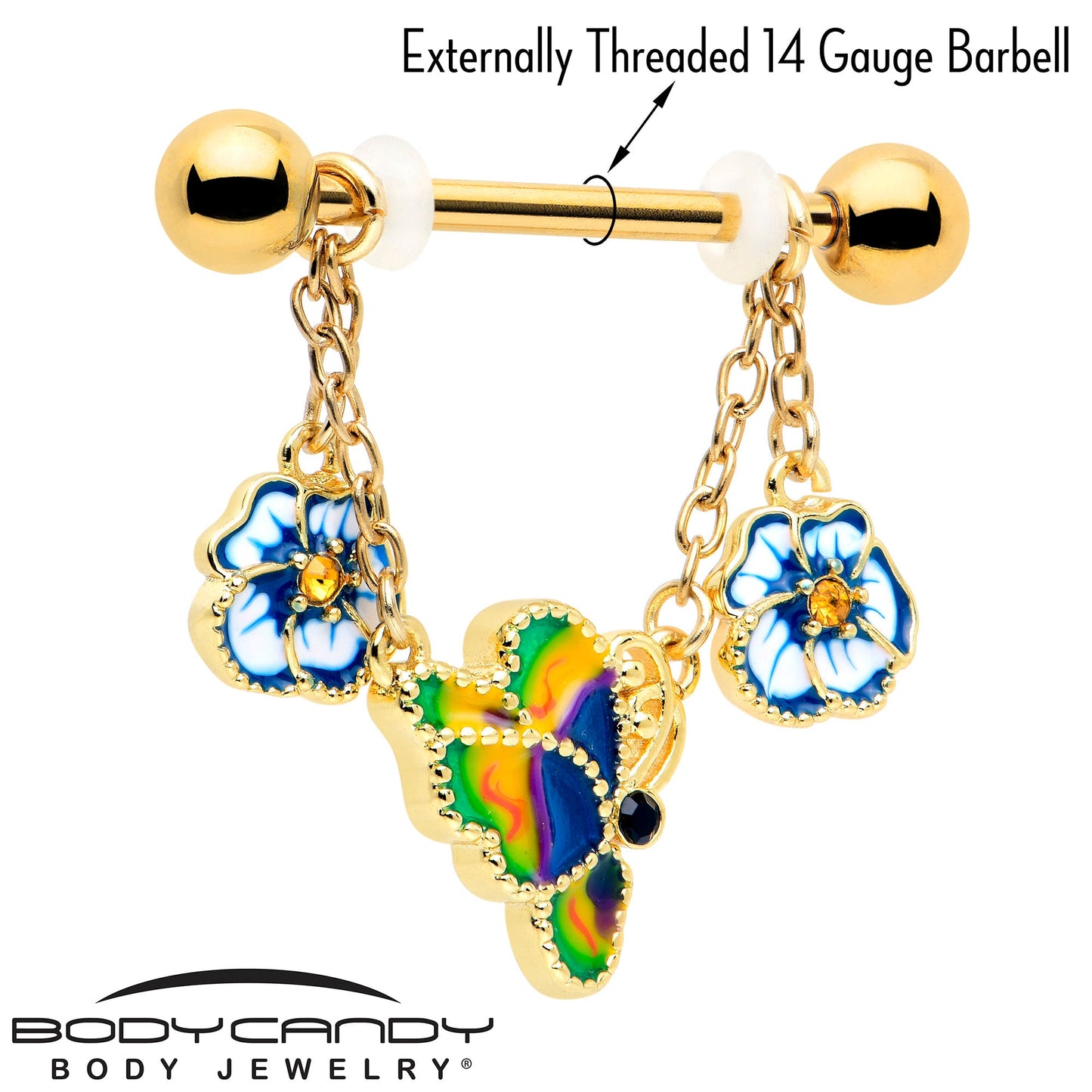 14G 9/16 Yellow Gem Gold Tone Butterfly Colors Dangle Nipple Ring Set