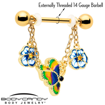 14G 9/16 Yellow Gem Gold Tone Butterfly Colors Dangle Nipple Ring Set