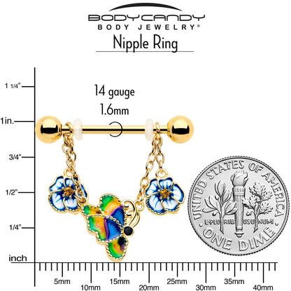 14G 9/16 Yellow Gem Gold Tone Butterfly Colors Dangle Nipple Ring Set