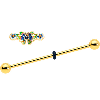 14G Blue Gem Gold Tone Butterfly Colors Industrial Barbell 38mm