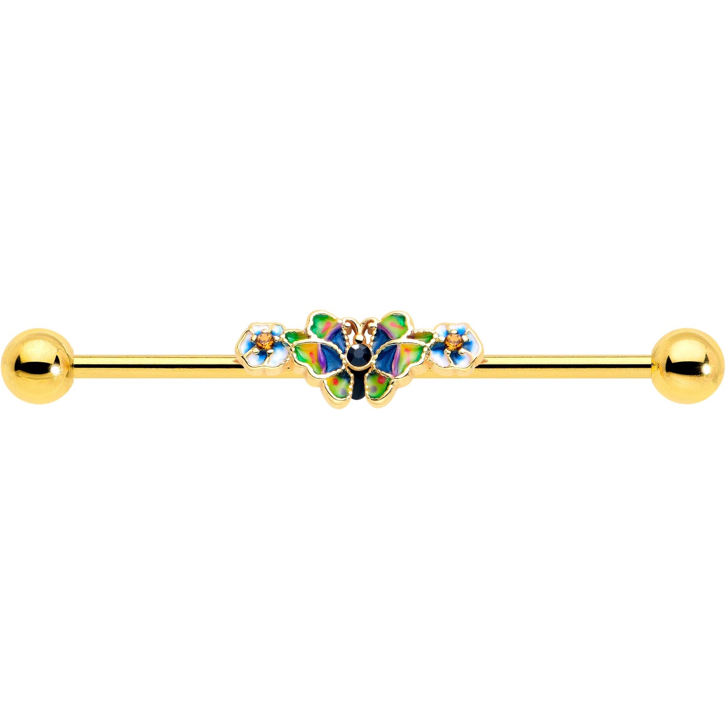 14G Blue Gem Gold Tone Butterfly Colors Industrial Barbell 38mm