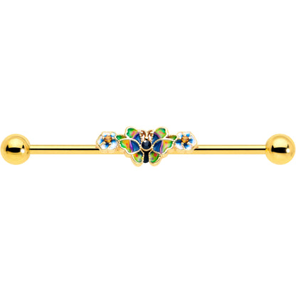 14G Blue Gem Gold Tone Butterfly Colors Industrial Barbell 38mm