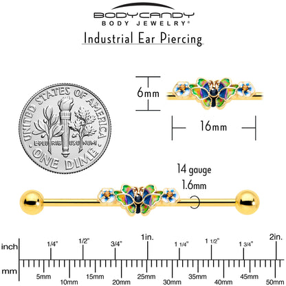 14G Blue Gem Gold Tone Butterfly Colors Industrial Barbell 38mm