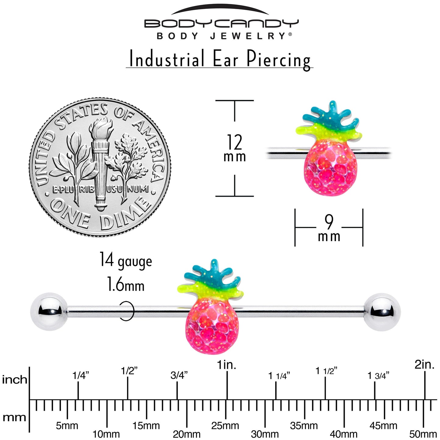 14G Hot Tropical Pineapple Industrial Barbell 38mm