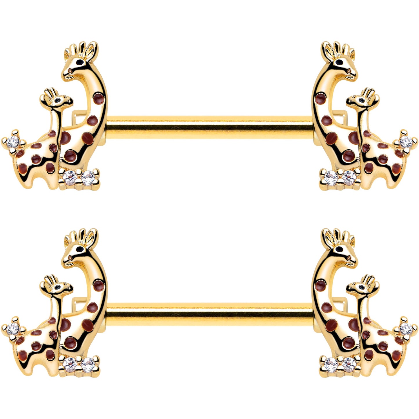 14G 9/16 Clear CZ Gem Gold Tone Mom Baby Giraffes Nipple Ring Set