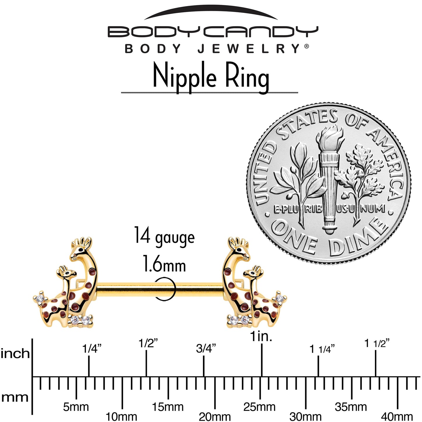 14G 9/16 Clear CZ Gem Gold Tone Mom Baby Giraffes Nipple Ring Set