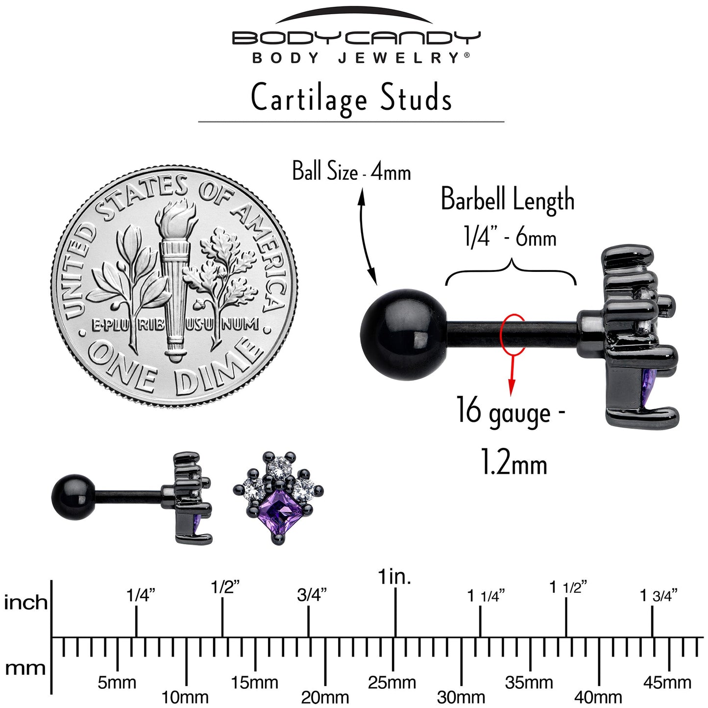 16G 1/4 Purple CZ Gem Black Rhombus Riot Cartilage Tragus Earring