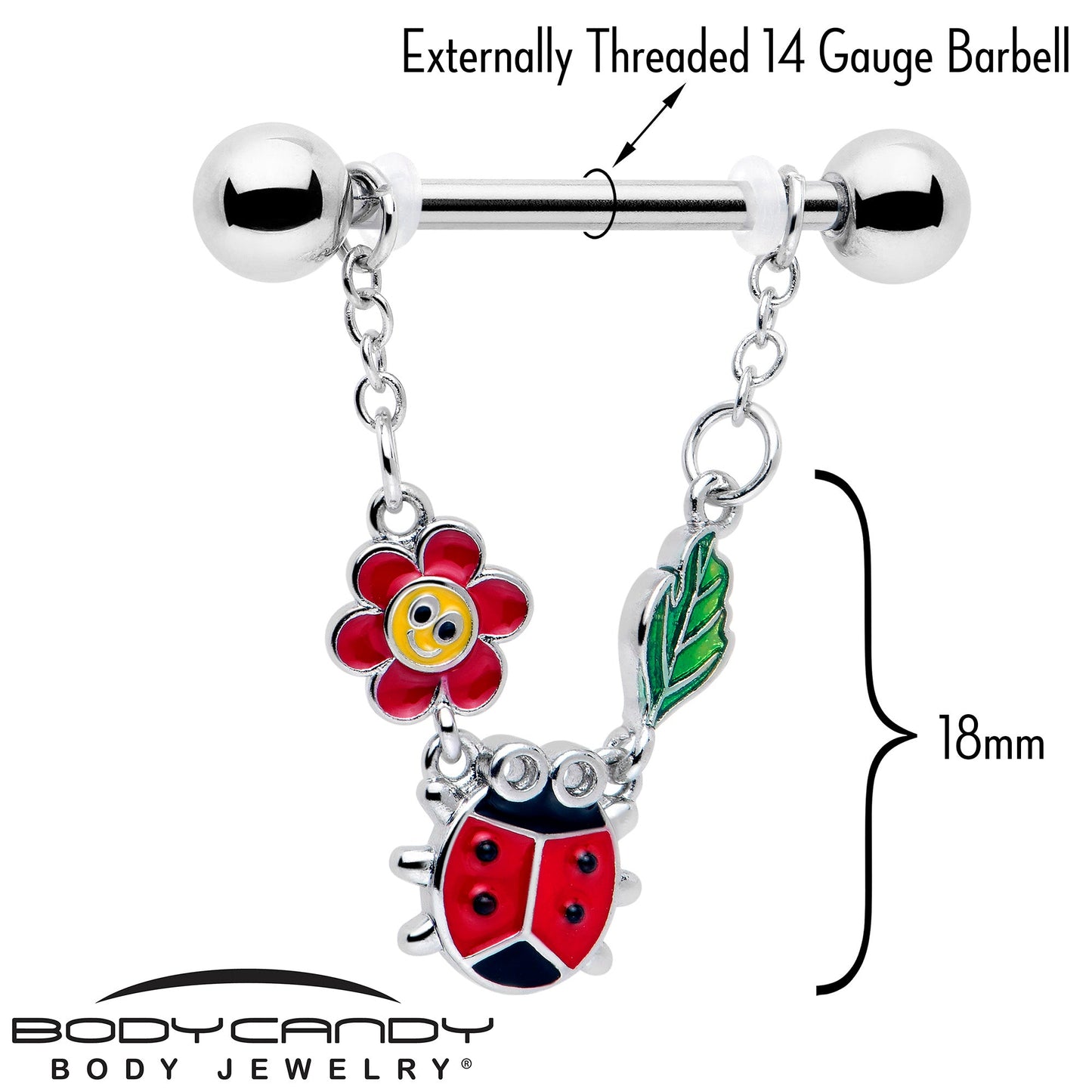 14G 9/16 Ladybug Hippie Flower Chain Dangle Nipple Ring Set