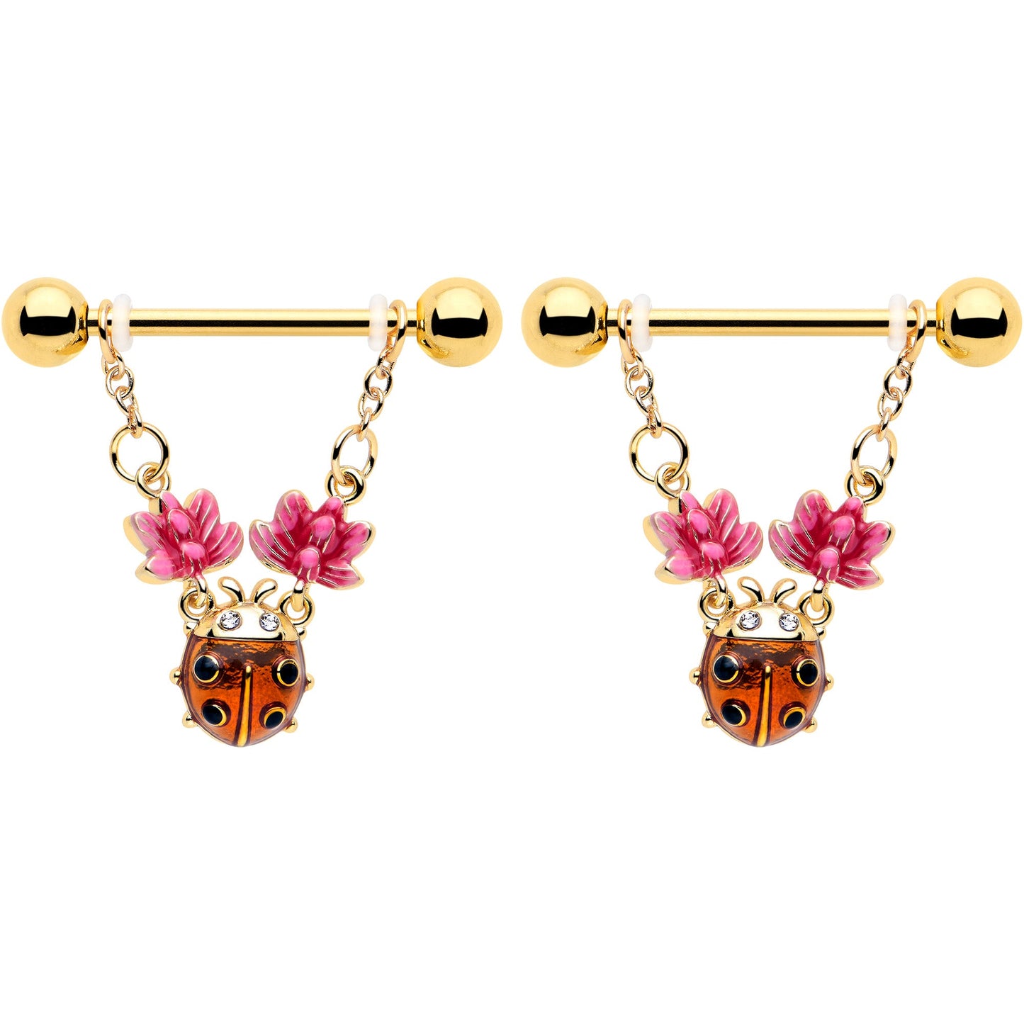14G 9/16 Clear Gem Gold Tone ladybug Lotus Dangle Nipple Ring Set