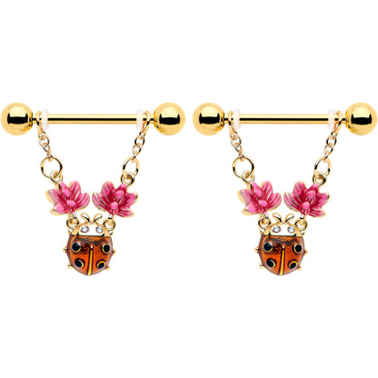14G 9/16 Clear Gem Gold Tone ladybug Lotus Dangle Nipple Ring Set