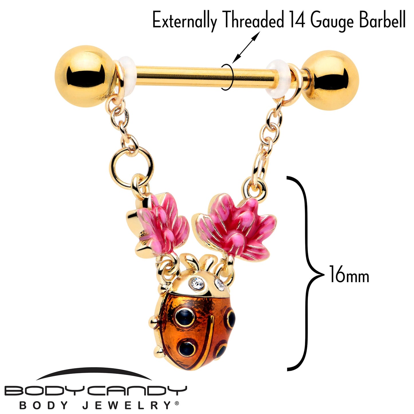 14G 9/16 Clear Gem Gold Tone ladybug Lotus Dangle Nipple Ring Set