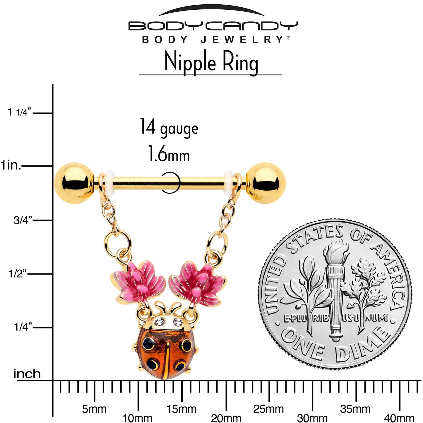 14G 9/16 Clear Gem Gold Tone ladybug Lotus Dangle Nipple Ring Set