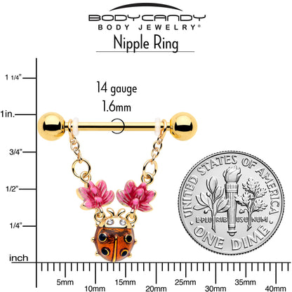 14G 9/16 Clear Gem Gold Tone ladybug Lotus Dangle Nipple Ring Set
