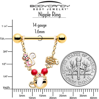 14G 9/16 Gold Tone Mouse Sheep Squirrel Dangle Nipple Ring Set