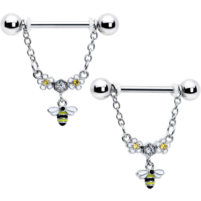 14G 9/16 Yellow CZ Gem Flower Bee Chain Dangle Nipple Ring Set
