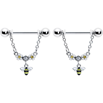 14G 9/16 Yellow CZ Gem Flower Bee Chain Dangle Nipple Ring Set