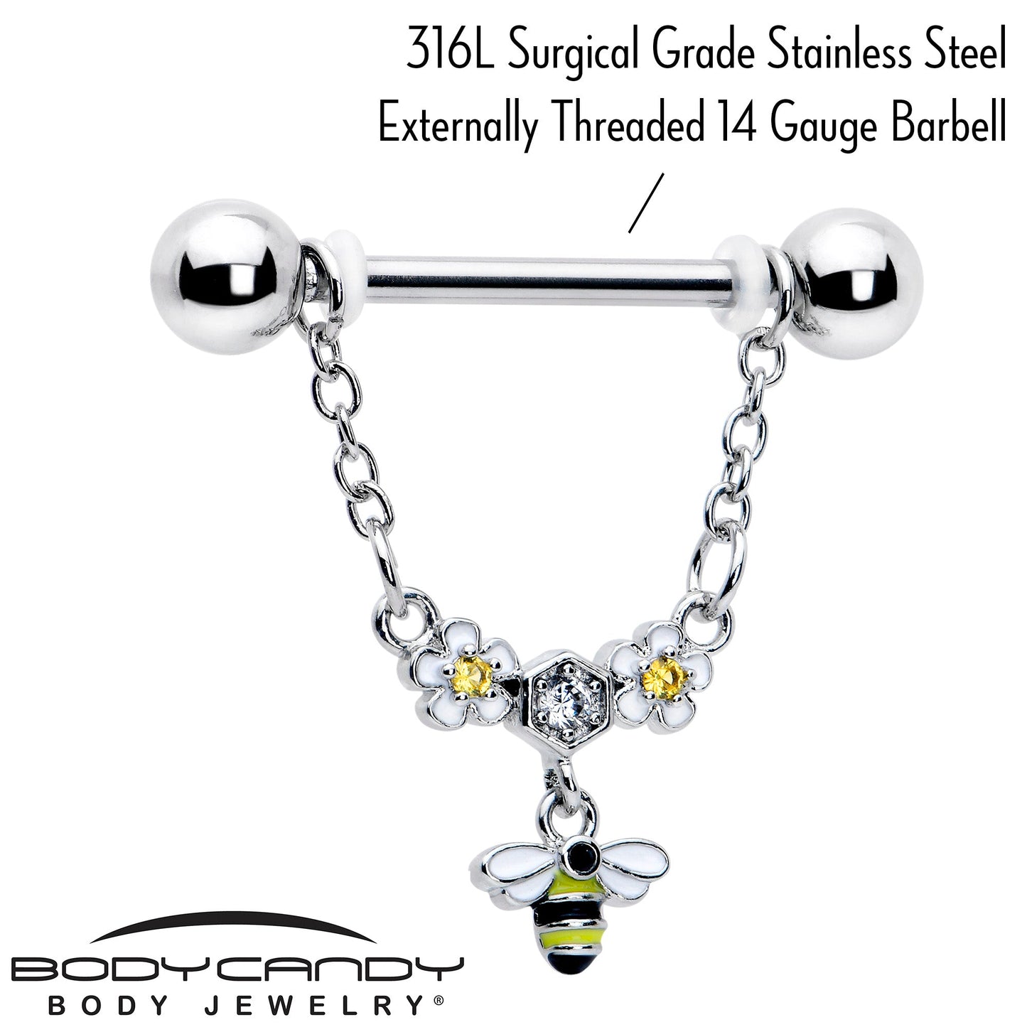 14G 9/16 Yellow CZ Gem Flower Bee Chain Dangle Nipple Ring Set