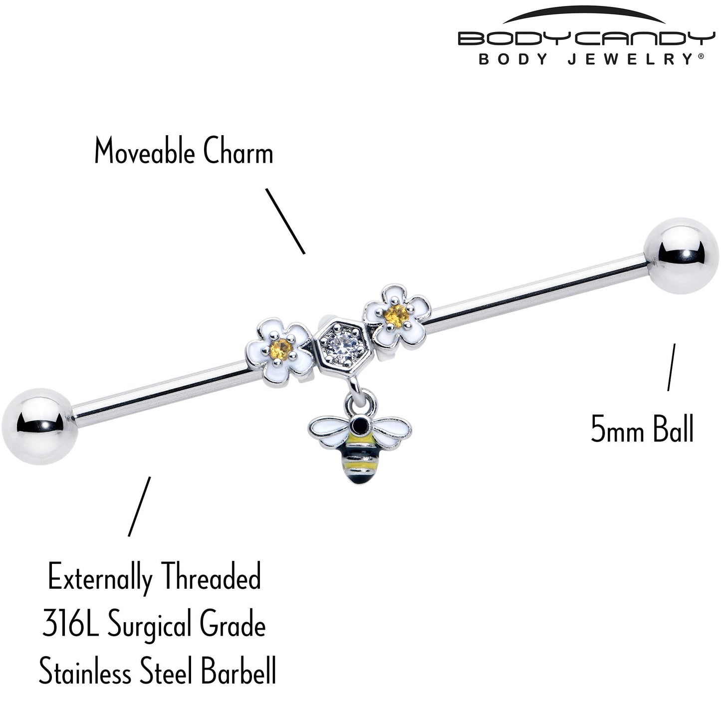 14G Yellow CZ Gem Flower Bee Dangle Industrial Barbell 38mm