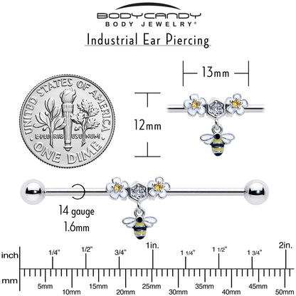 14G Yellow CZ Gem Flower Bee Dangle Industrial Barbell 38mm