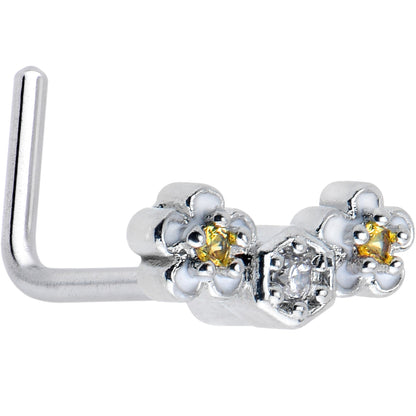 20G 7mm Yellow CZ Gem Flower Honeycomb L Shape Nose Ring