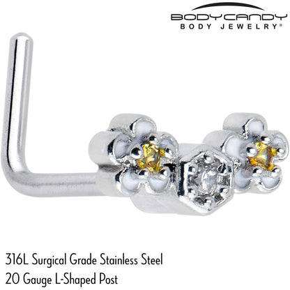 20G 7mm Yellow CZ Gem Flower Honeycomb L Shape Nose Ring